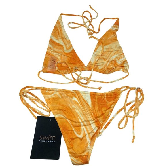 Naked Wardrobe Bikini Set String Ties Triangle Cheeky Dreamsicle Orange L - Picture 3 of 4